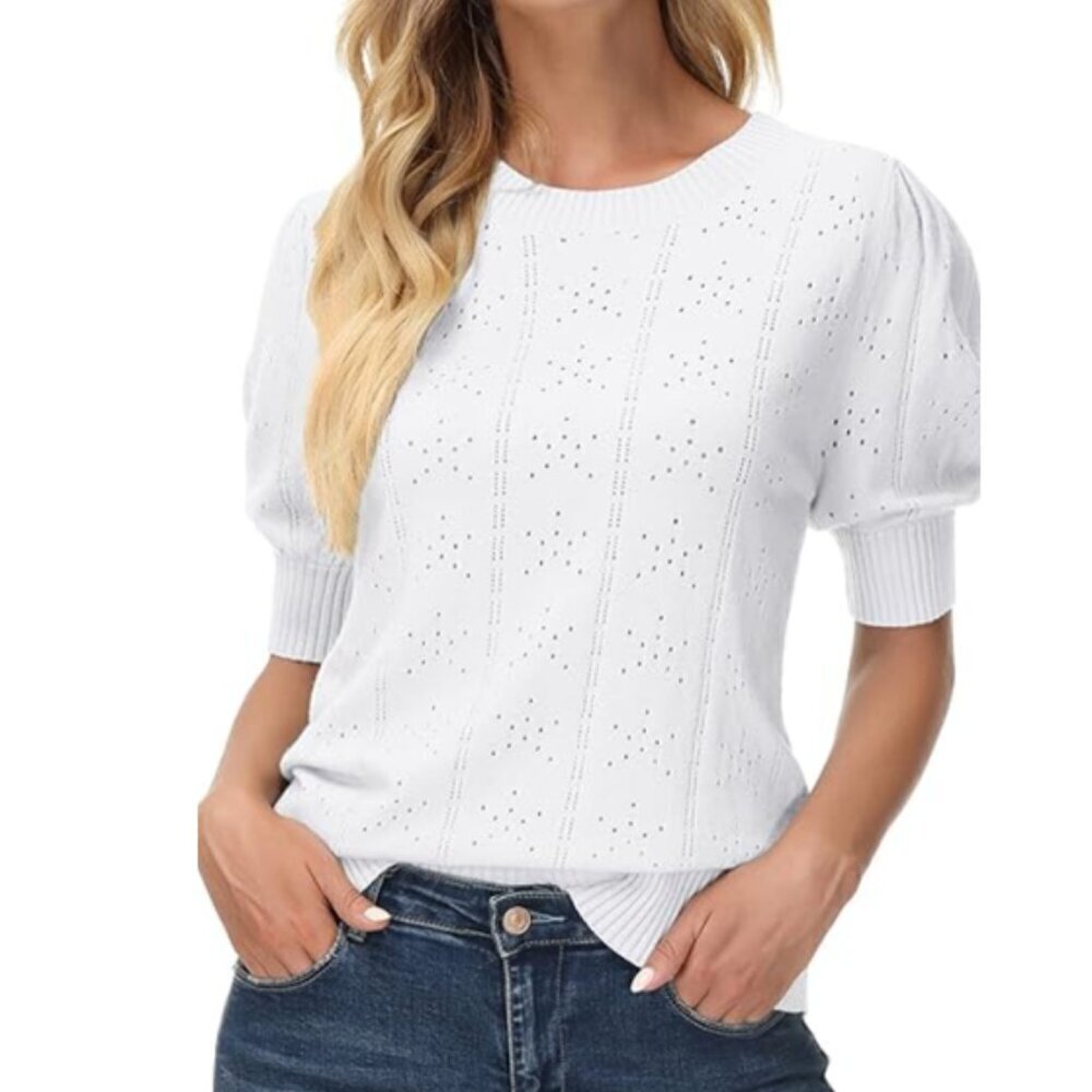 Elegant White Eyelet Knit Blouse